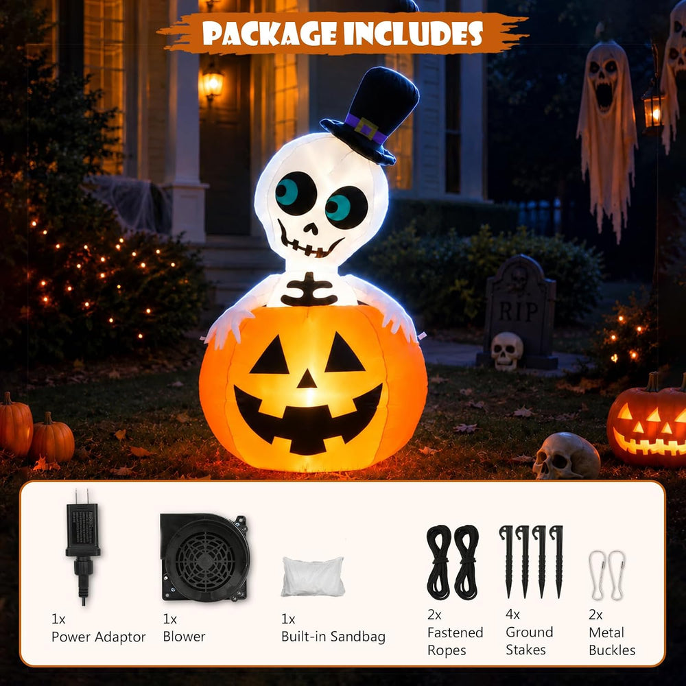 5FT Halloween Inflatable Pumpkin Skeleton LED Yard Decor