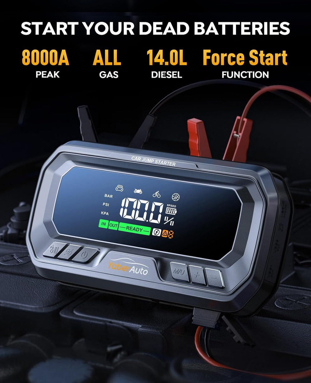 YaberAuto 12-in-1 Jump Starter with Air Compressor 8000A 160PSI 65W Charge