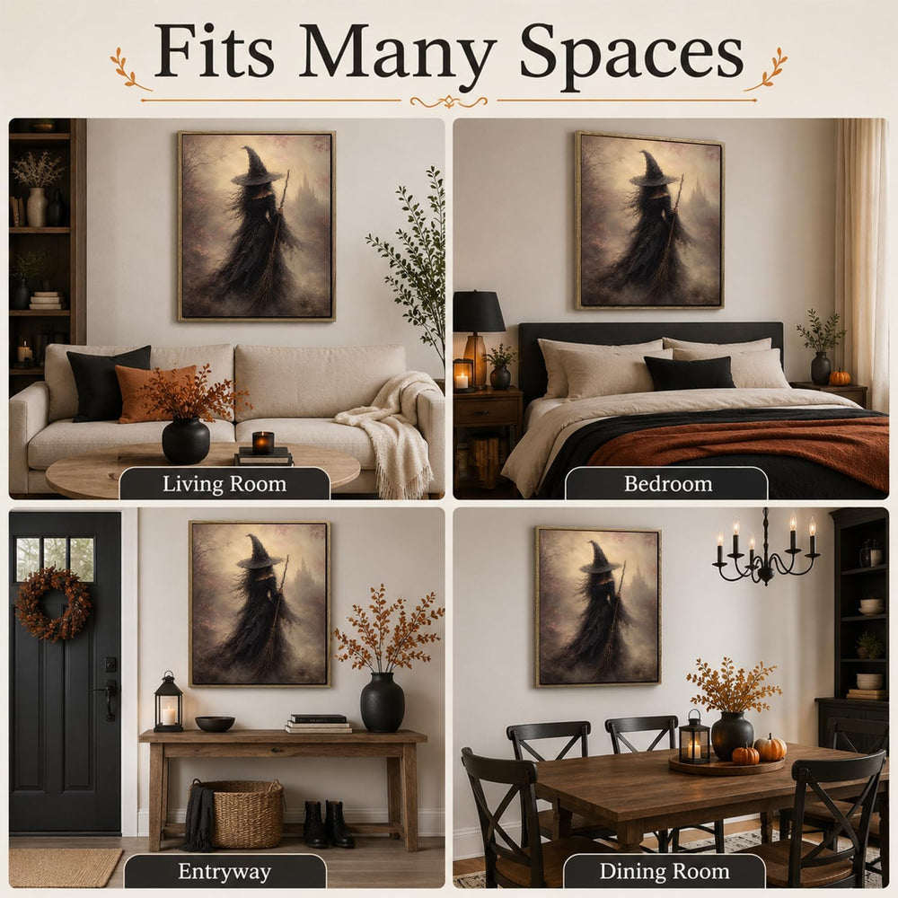 Halloween Framed Wall Art, Dark Witch with Broomstick Halloween Pictures