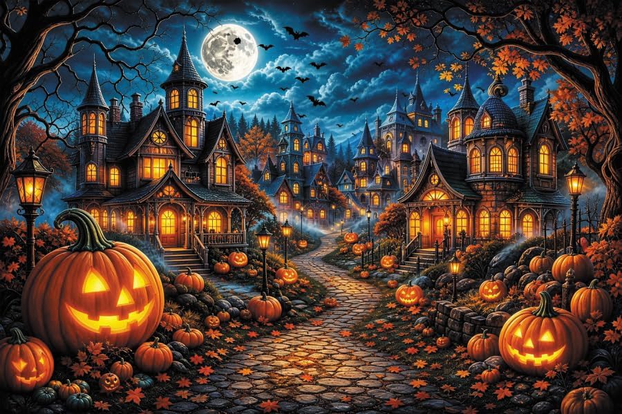 Halloween Spooky Haunted House Backdrop 10x8ft, Full Moon Pumpkin Village Cas...