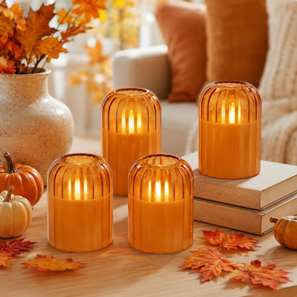 Fall Decorations for Home, Orange Glass Flameless Candles with Remote & T...
