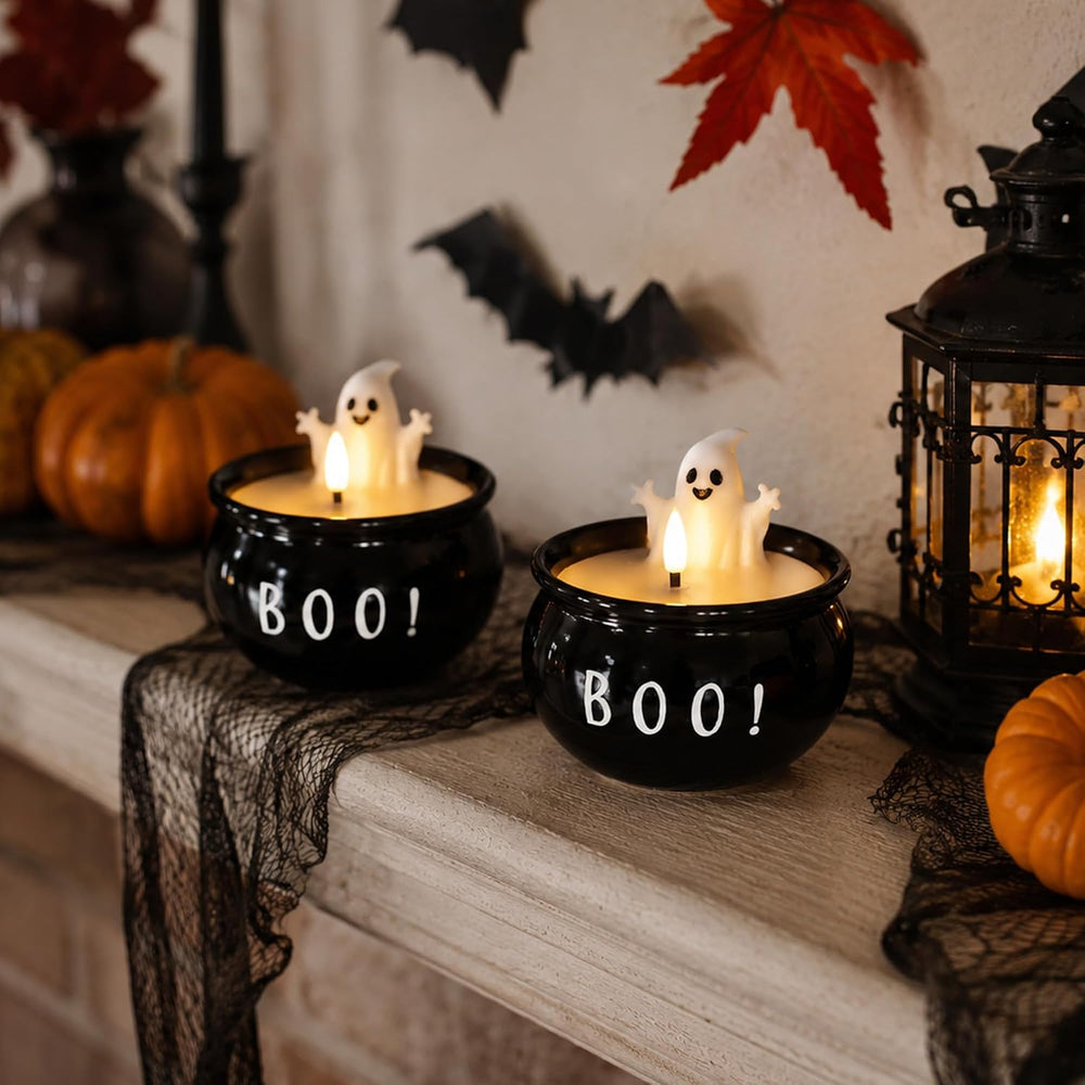 Halloween Flameless Candles 2 Pack, BOO Ghost Battery Operated LED Decor