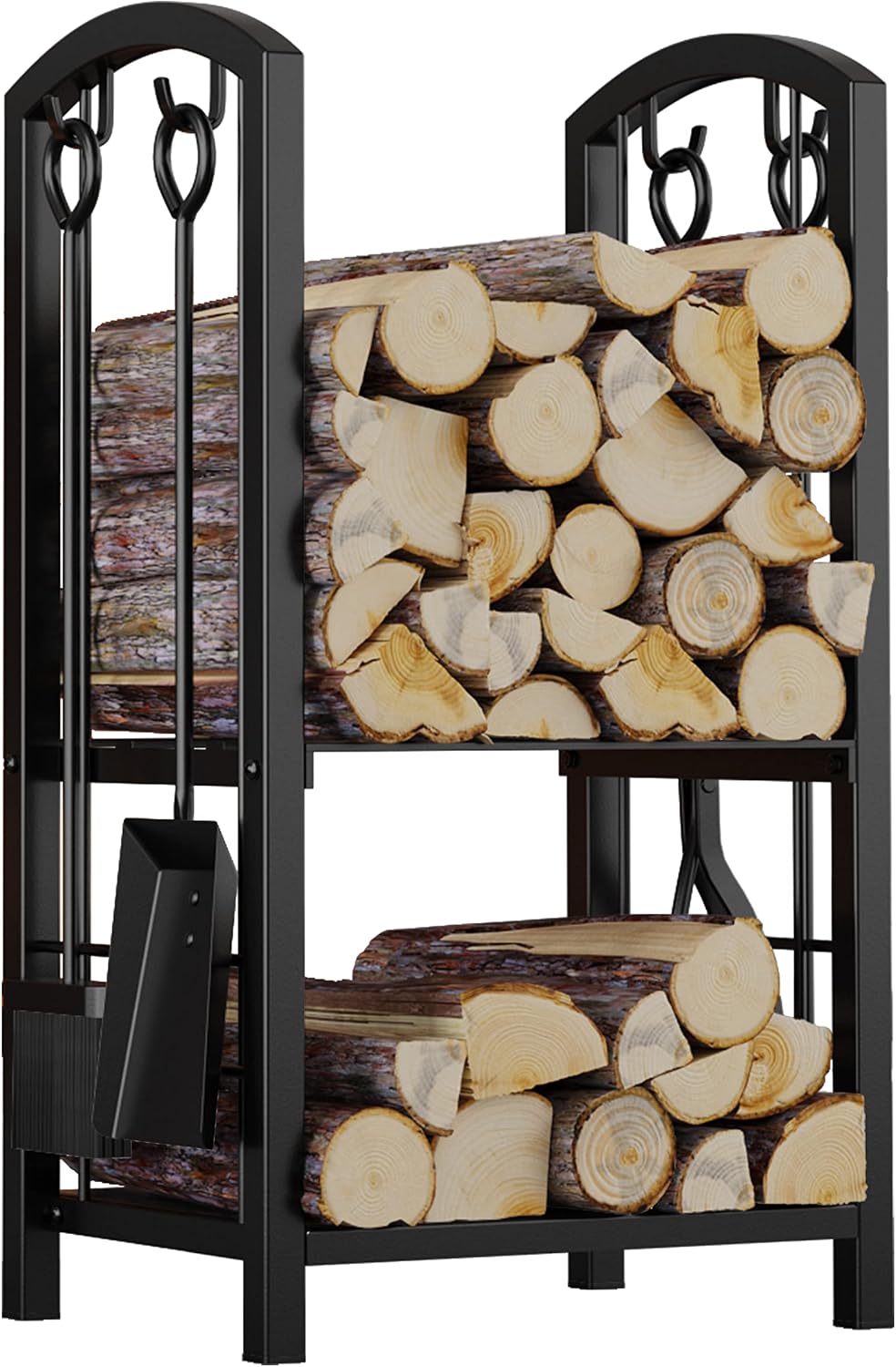 Fire Beauty Wrought Iron Firewood Log Rack with 4 Pcs Fireplace Tools Black