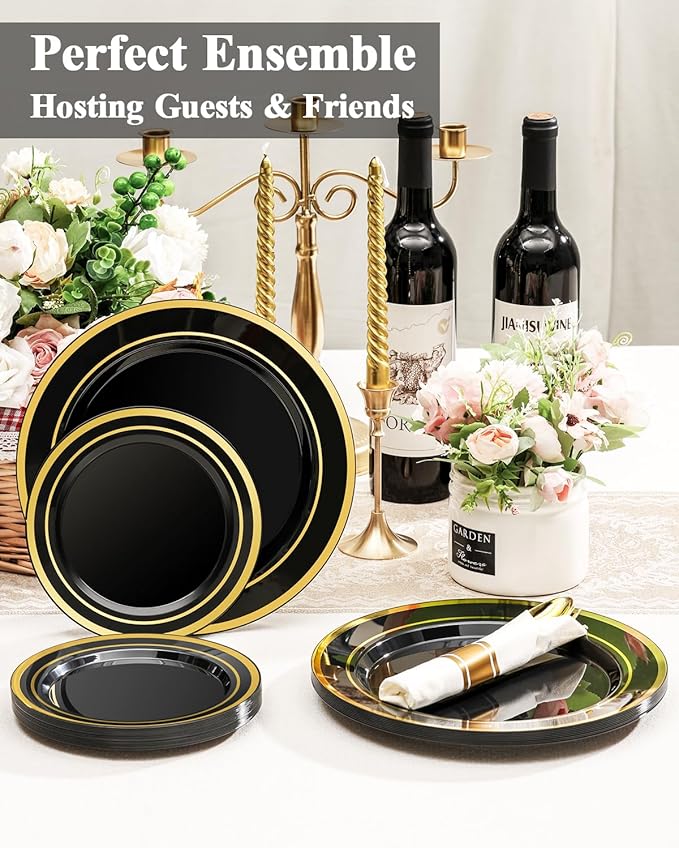 100PCS Black Plastic Plates Set with Gold Rim, 50 10.25 inch Dinner Plates an...