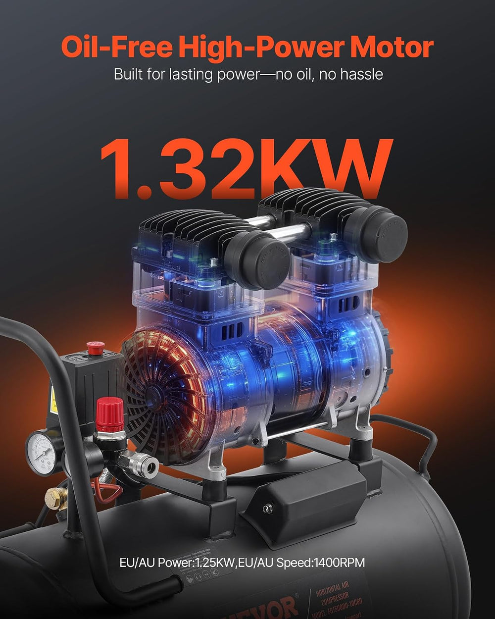 VEVOR Air Compressor, 15 Gallon Steel Tank, 2HP 5.3 CFM@90 PSI Oil Free Air C...