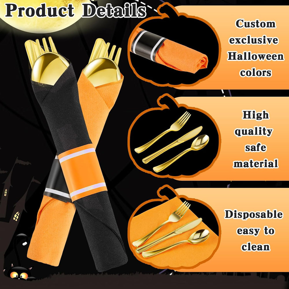Lasnten 50 Pack Halloween Pre Rolled Plastic Silverware Set for 50 Guests