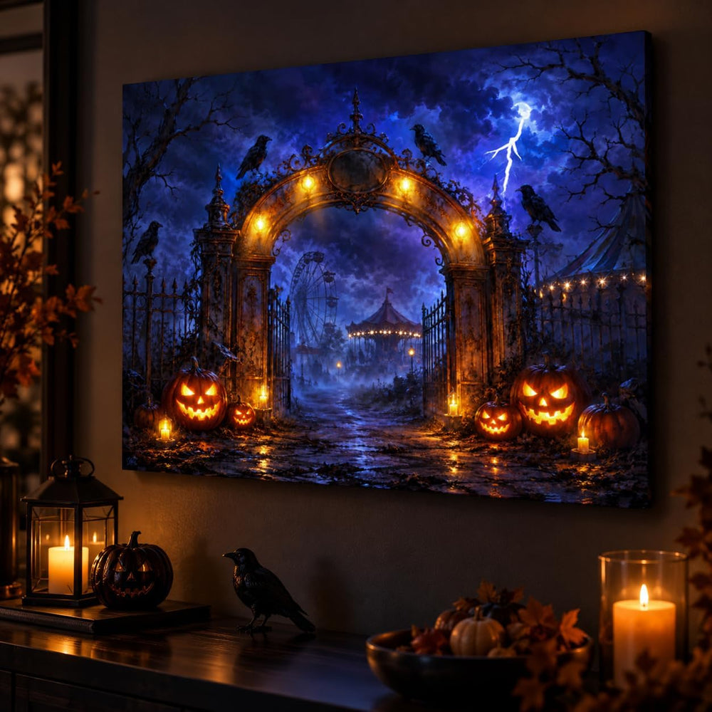 Artiluxy Halloween LED Canvas Wall Art, Haunted Amusement Park, 20x15 Inch