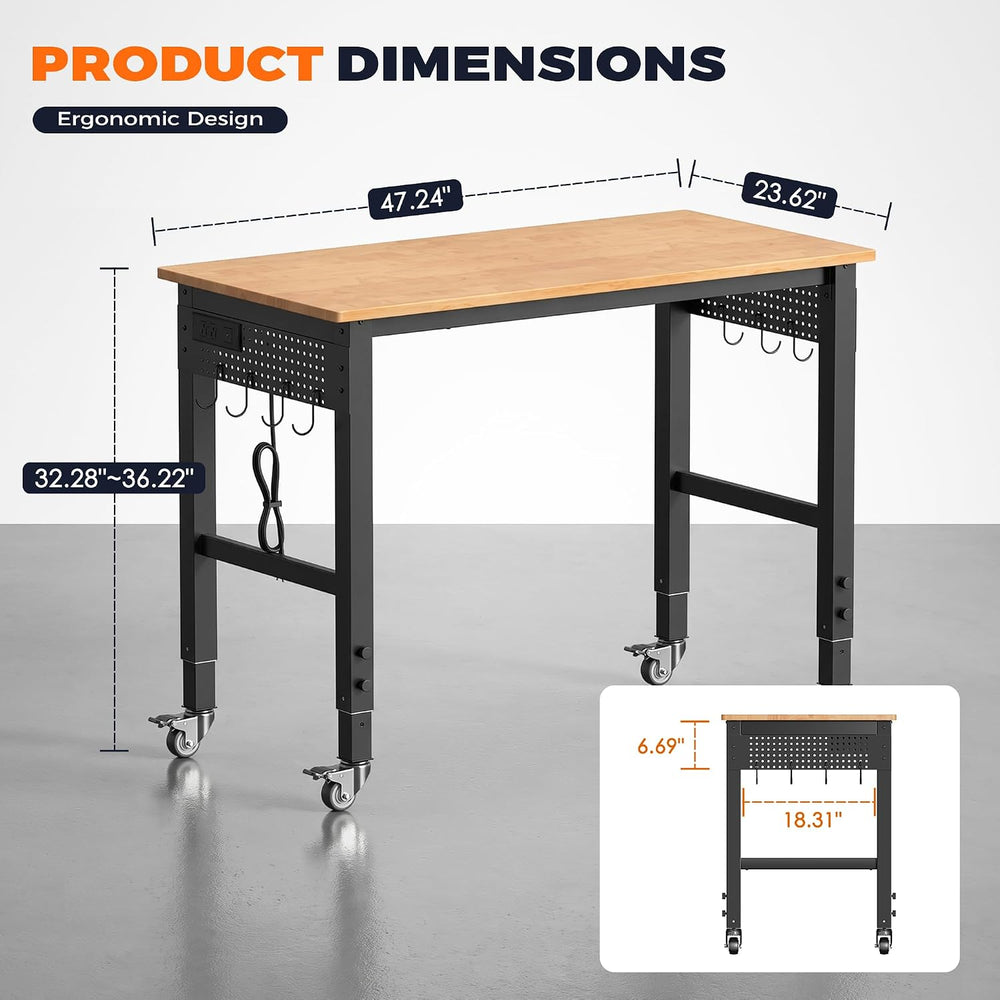 INTERGREAT 48" Adjustable Workbench with Pegboard and Wheels, 2000 LBS C...