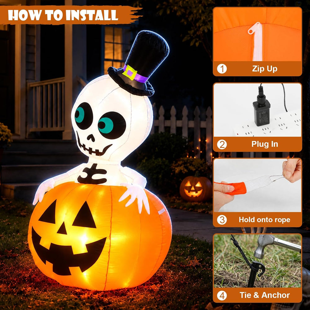 5FT Halloween Inflatable Pumpkin Skeleton LED Yard Decor