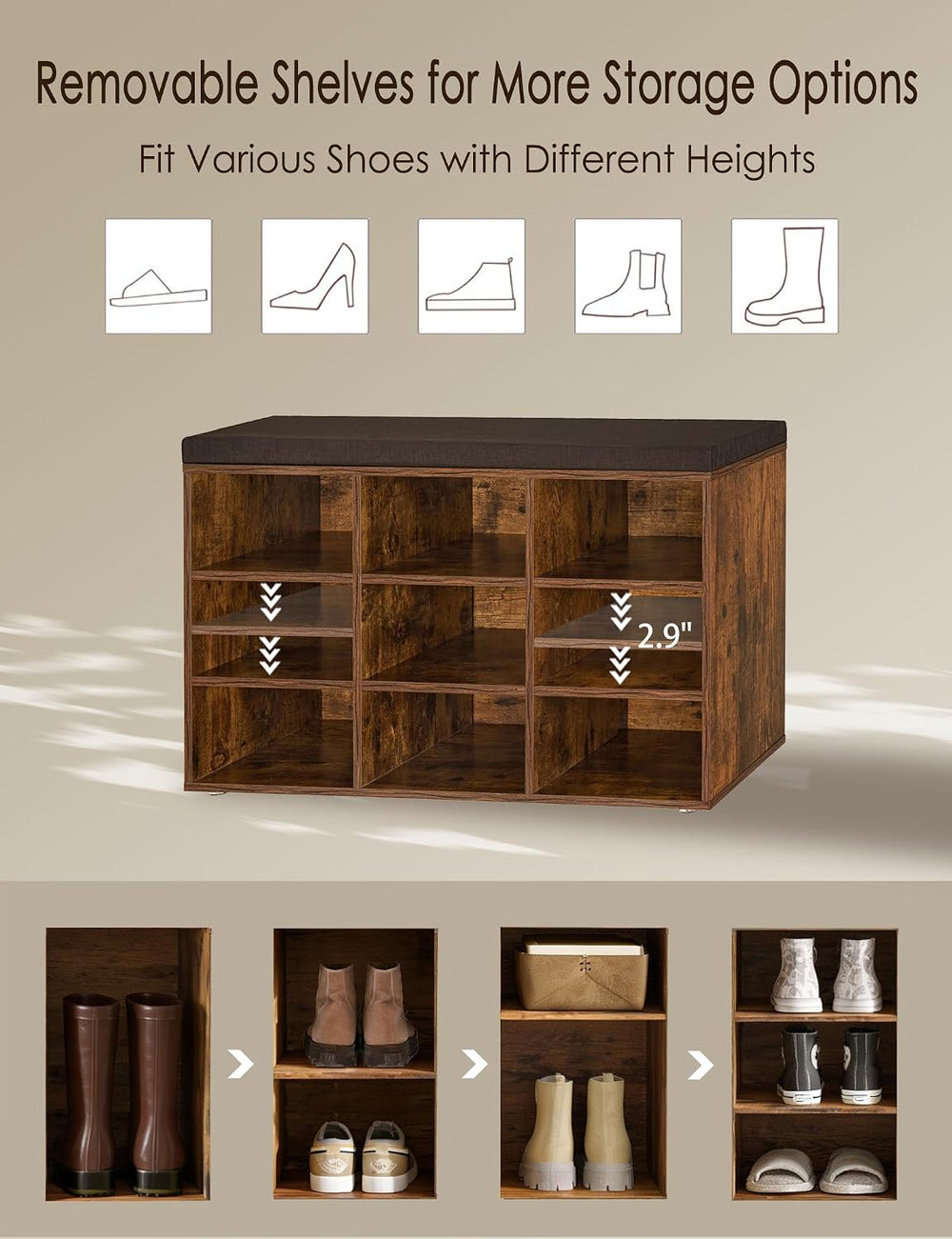 DINZI LVJ Shoe Storage Bench with Cushion, 31.5" Cubby Shoe Rack, 9 Cubbies