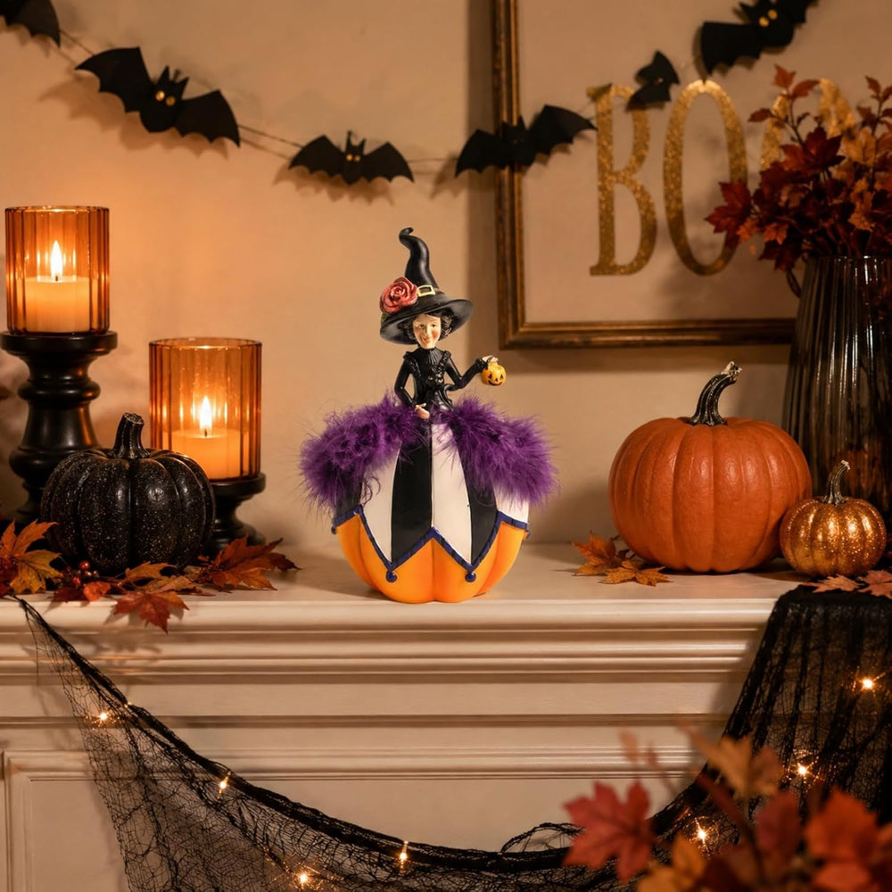 Halloween Witch Figurine, Black and White Pumpkin Table Home Decor
