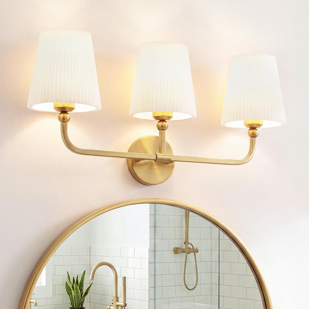 3-Light Brushed Gold Bathroom Vanity Light, Pleated Fabric Shade