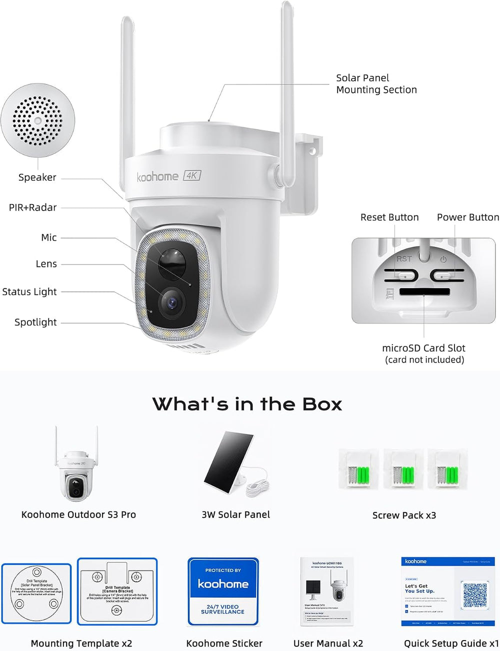 4K Solar Security Camera Outdoor Wireless,360° PTZ,No Subscription