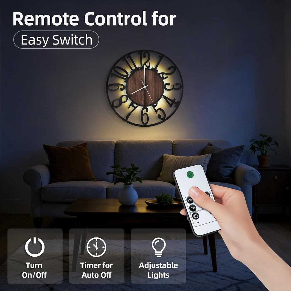 24" Silent Wall Clock – Adjustable Night Light, Battery Operated