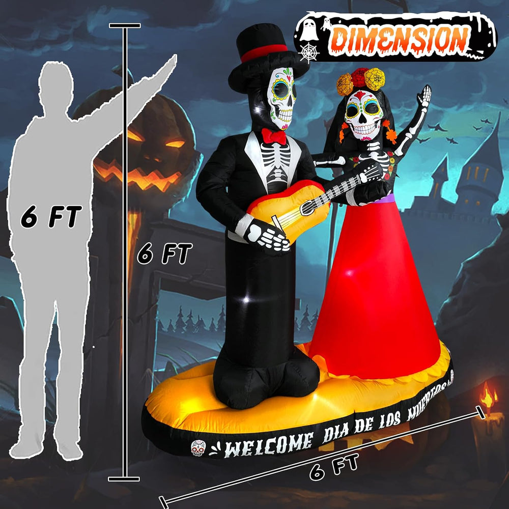 6 FT Halloween Inflatables Decor Day of The Dead Spooky Sugar Skull Couple Al...