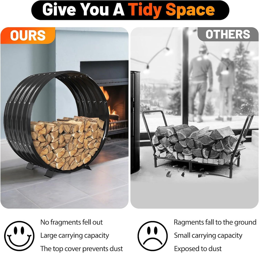 32" Round Metal Firewood Rack Circle with 4X Metal Support Outdoor / Indoor