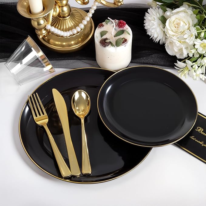 NOCCUR 350PCS Black and Gold Plastic Plates - Black Disposable Dinnerware Set...