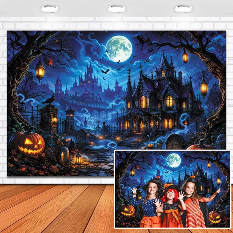 Halloween Scary Castle Backdrop 10x8ft Full Moon Haunted House Spooky Cemeter...