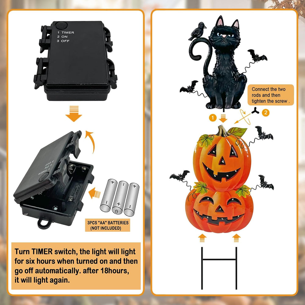 Outdoor Halloween Decorations,Metal Black Cat & Jack'O Lighted Timer ...