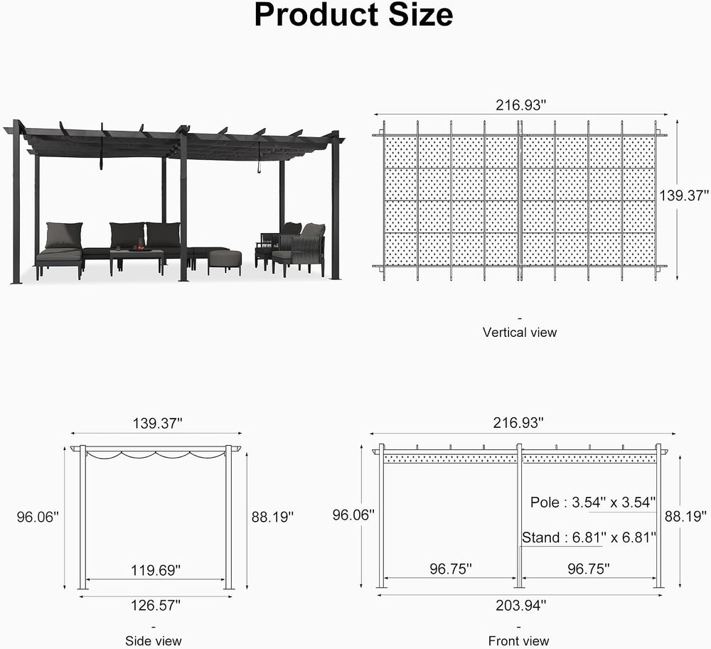 PURPLE LEAF Outdoor Pergola 12' X 18' Retractable Canopy Aluminum, Gray