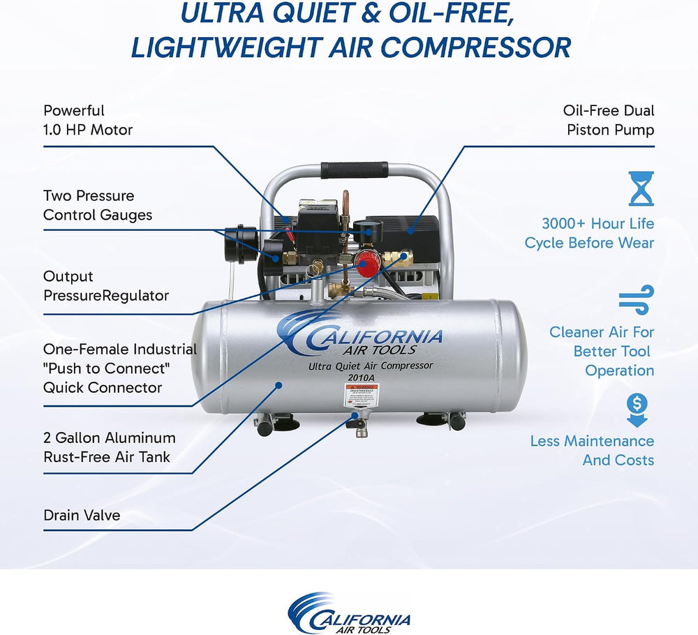 California Air Tools 2010A 1.0 HP Ultra Quiet and Oil-Free Air Compressor, 2 ...