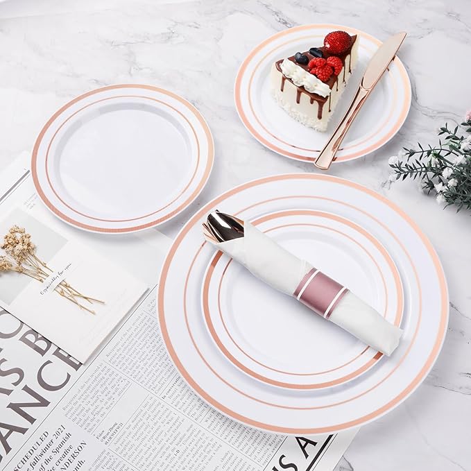BESTVIP 175PCS Rose Gold Plastic Dinnerware Set, Disposable Party Plates for ...