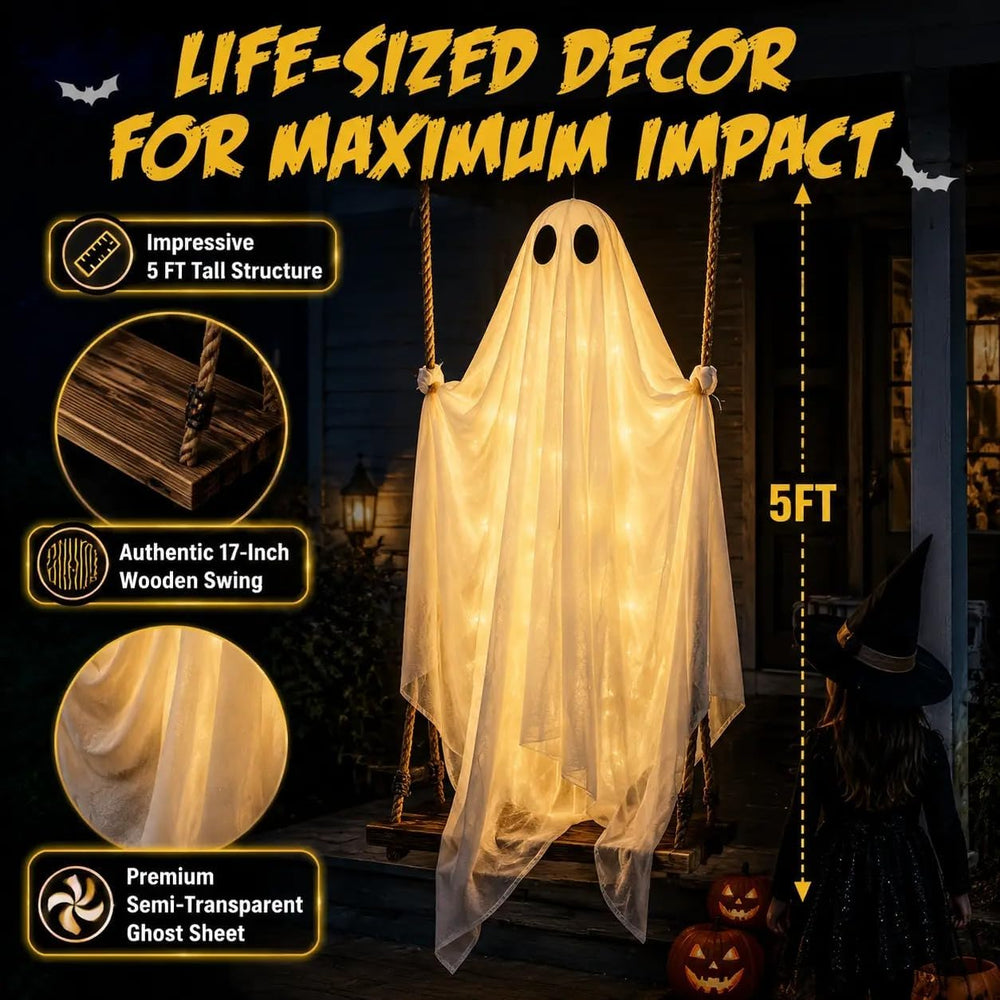 5FT Large Swinging Ghost Outdoor Halloween Decor - Light Up Hanging Ghost wit...