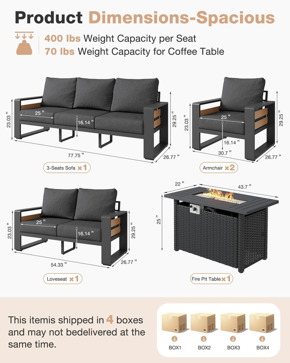 Aoxun Aluminum Patio Furniture Set with Fire Pit Table, 5 Piece Luxury Outdoo...