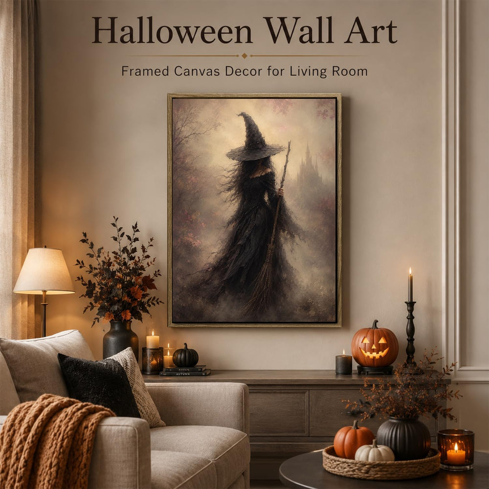 Halloween Framed Wall Art, Dark Witch with Broomstick Halloween Pictures
