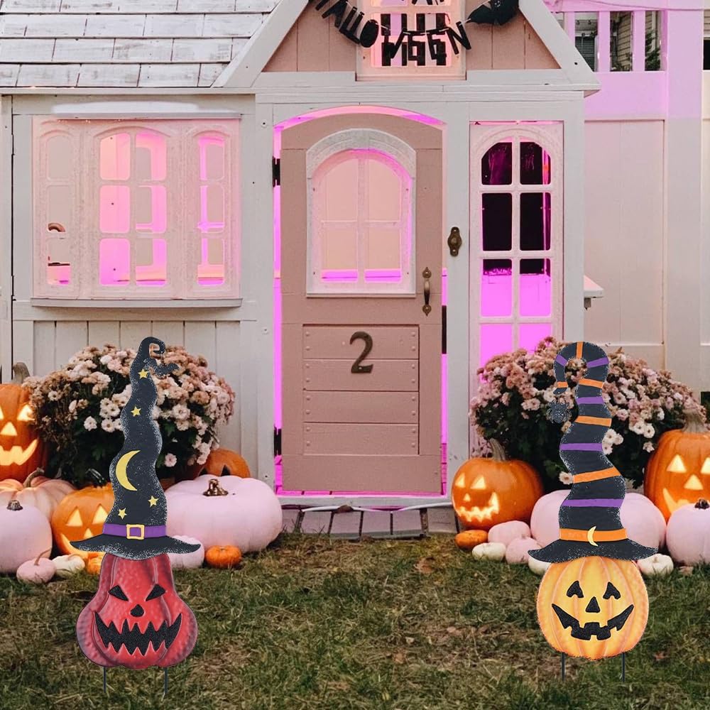 YEAHOME Halloween Decorations Outdoor, 2 Pack Metal Pumpkin Garden Stakes wit...