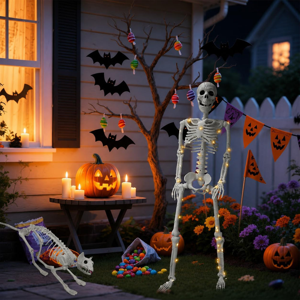 Lighted Human & Cat Skeleton Halloween Decorations Outdoor/Indoor