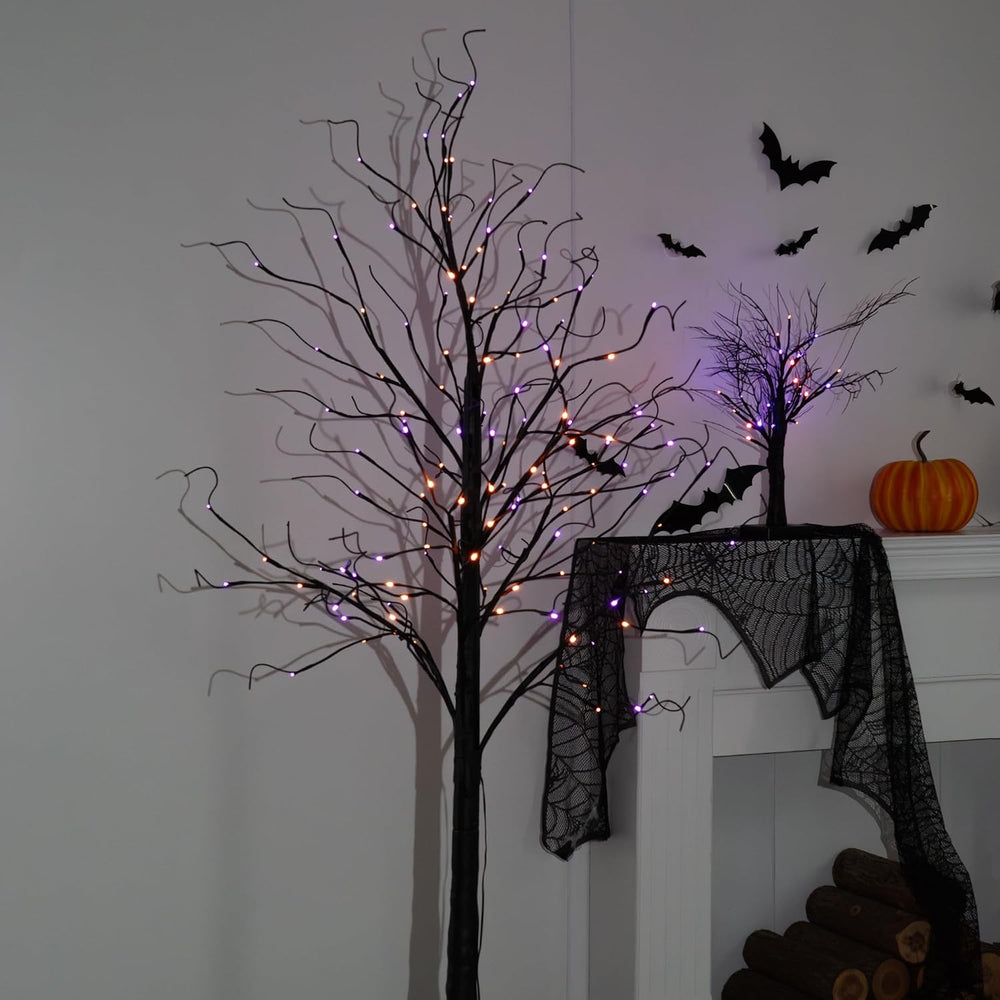 TW SHINE 6FT Halloween Lighted Black Birch Tree, 144 LED Purple and Orange Li...
