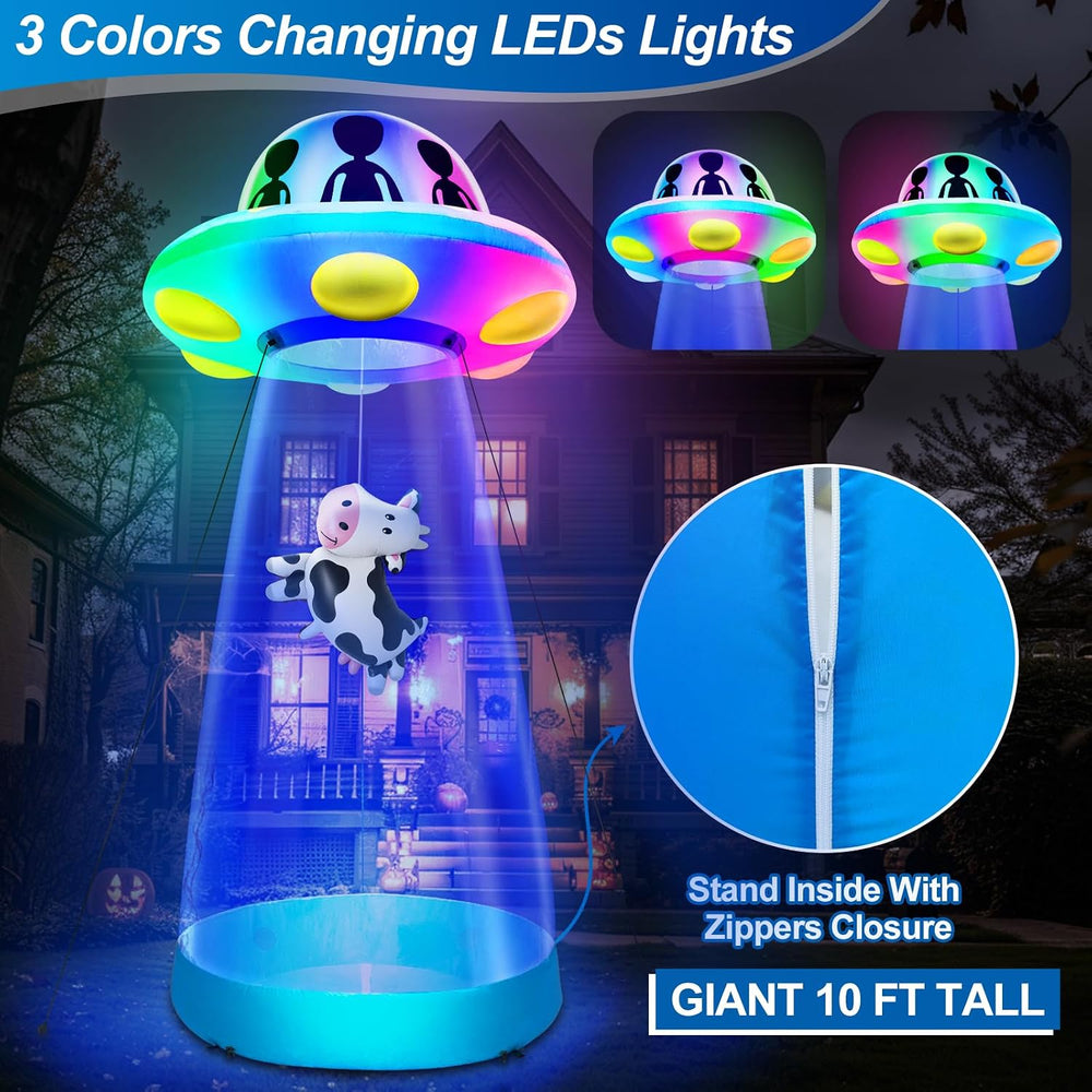 10 Ft Tall Halloween Inflatable UFO with Floating Cow Decorations Outdoor
