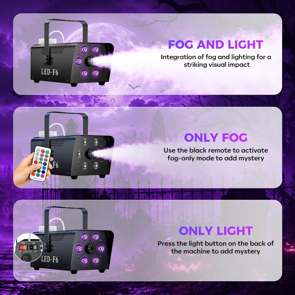 1200W Fog Machine, 6000CFM for Halloween, RGB, Auto Mode & Remote