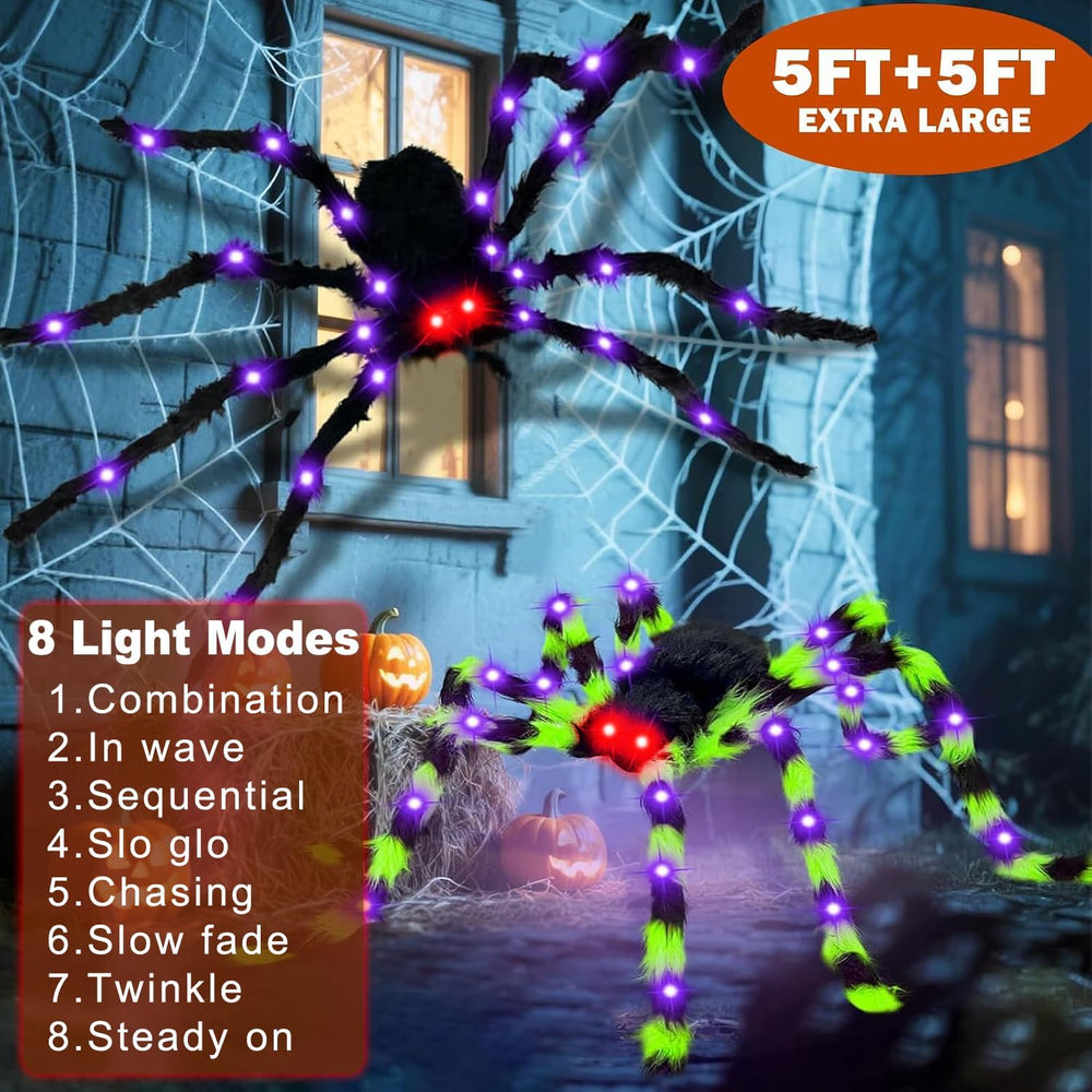 2Pack 5Ft Giant Light Up Halloween Spider Decorations with 8 Modes 52 LEDs