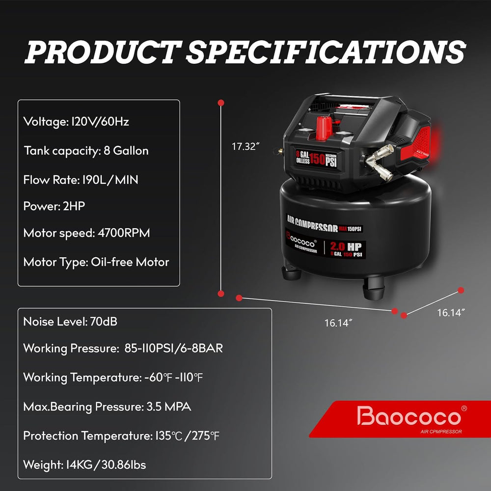 8 Gallon Portable Air compressor, 2HP Motor Oil Free Air Compressor Tank