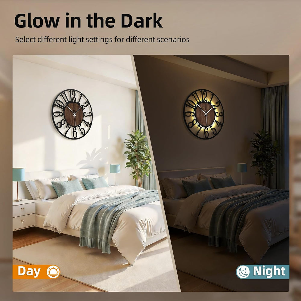 24" Silent Wall Clock – Adjustable Night Light, Battery Operated