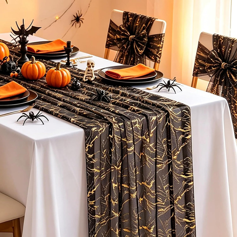 Halloween Black Table Runner Gold Party Decorations 10ft 3pcs Gauze Tulle