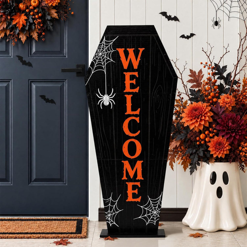 2.95FT Wooden Halloween Coffin Welcome Porch Sign for Front Door
