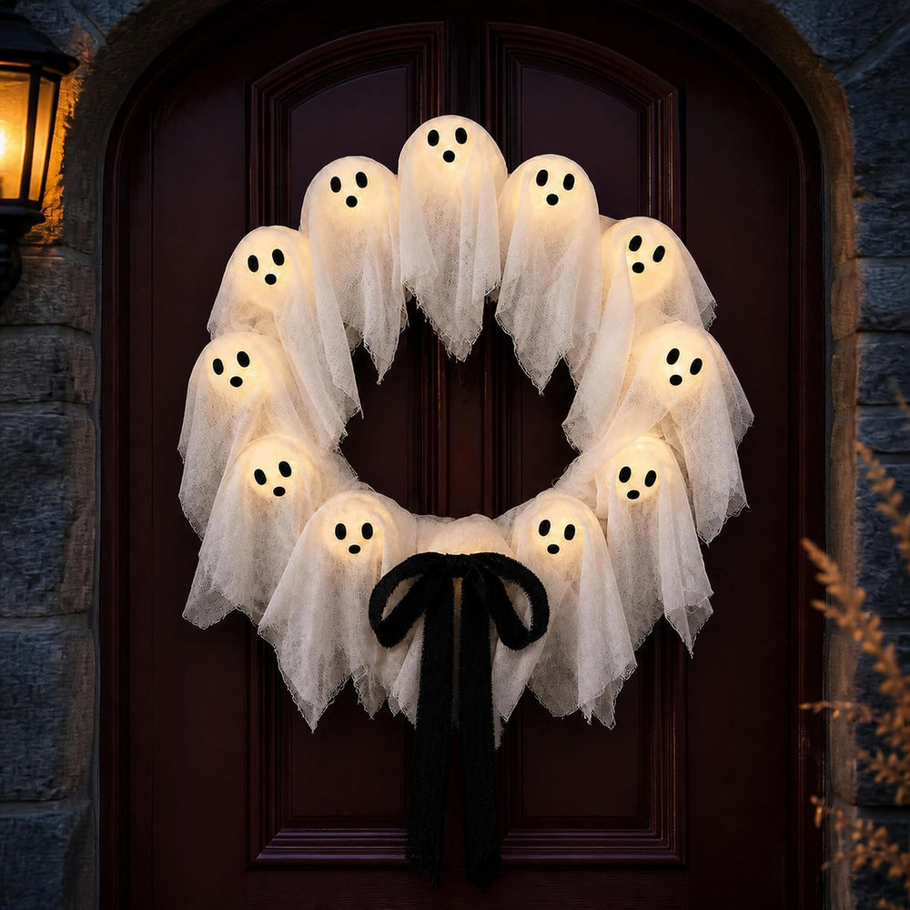 Ghost Wreath, Front Door Halloween Decor, 22-Inch Lit with Remote and Timer