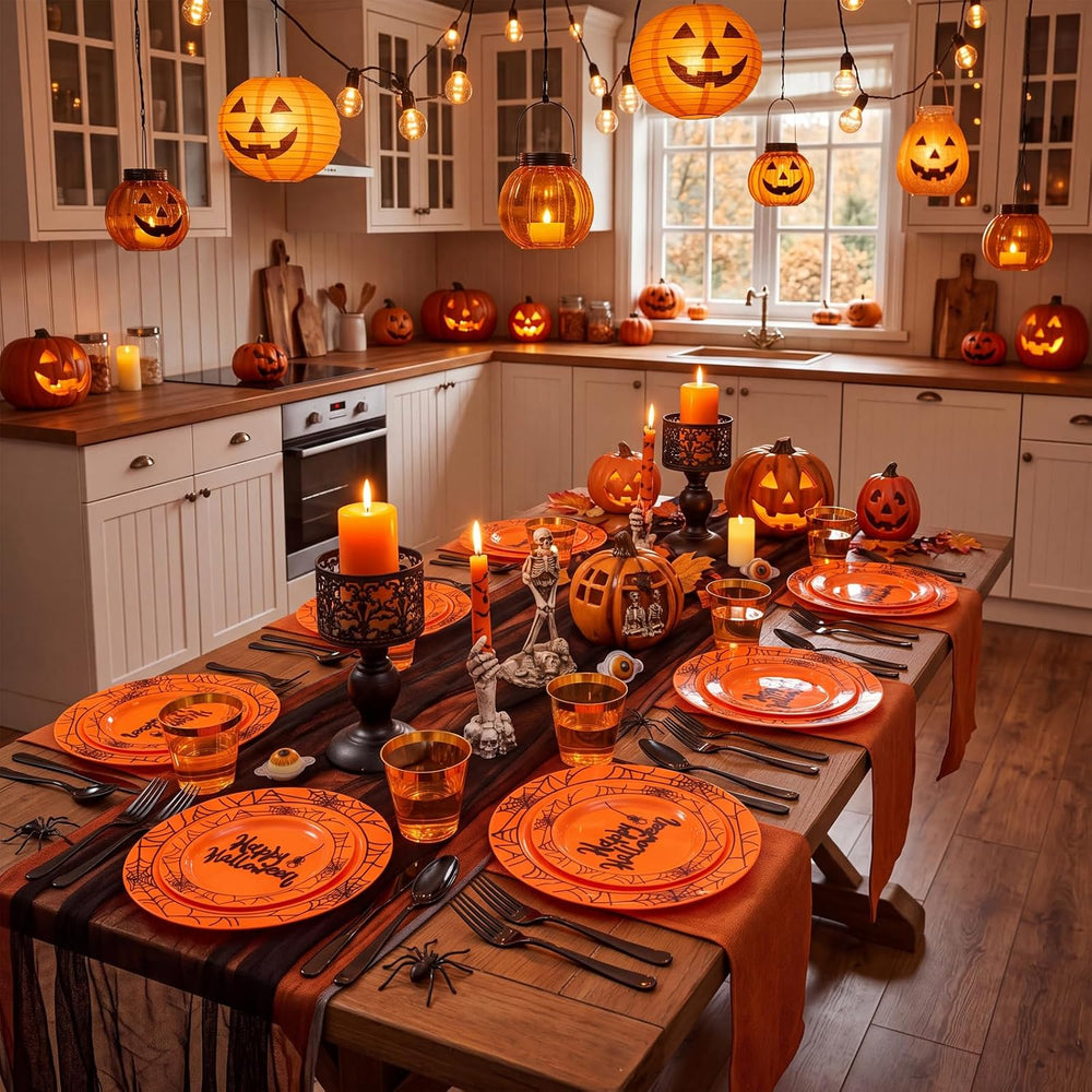 supernal 180 Pcs Orange and Black Halloween Plastic Dinnerware Set for 30