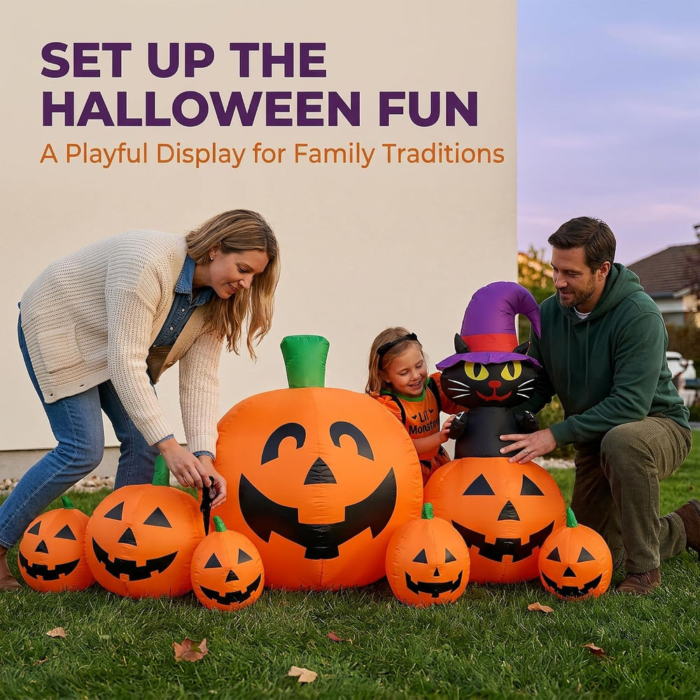 8FT Halloween Inflatable Pumpkin Decor,Witch Hat Black Cat Yard Halloween Par...