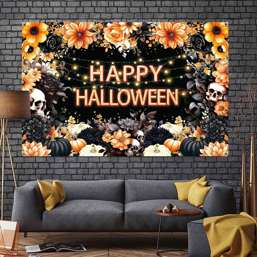8x6ft Floral Happy Halloween Backdrop Spooky Flower Skull Photography Backgro...