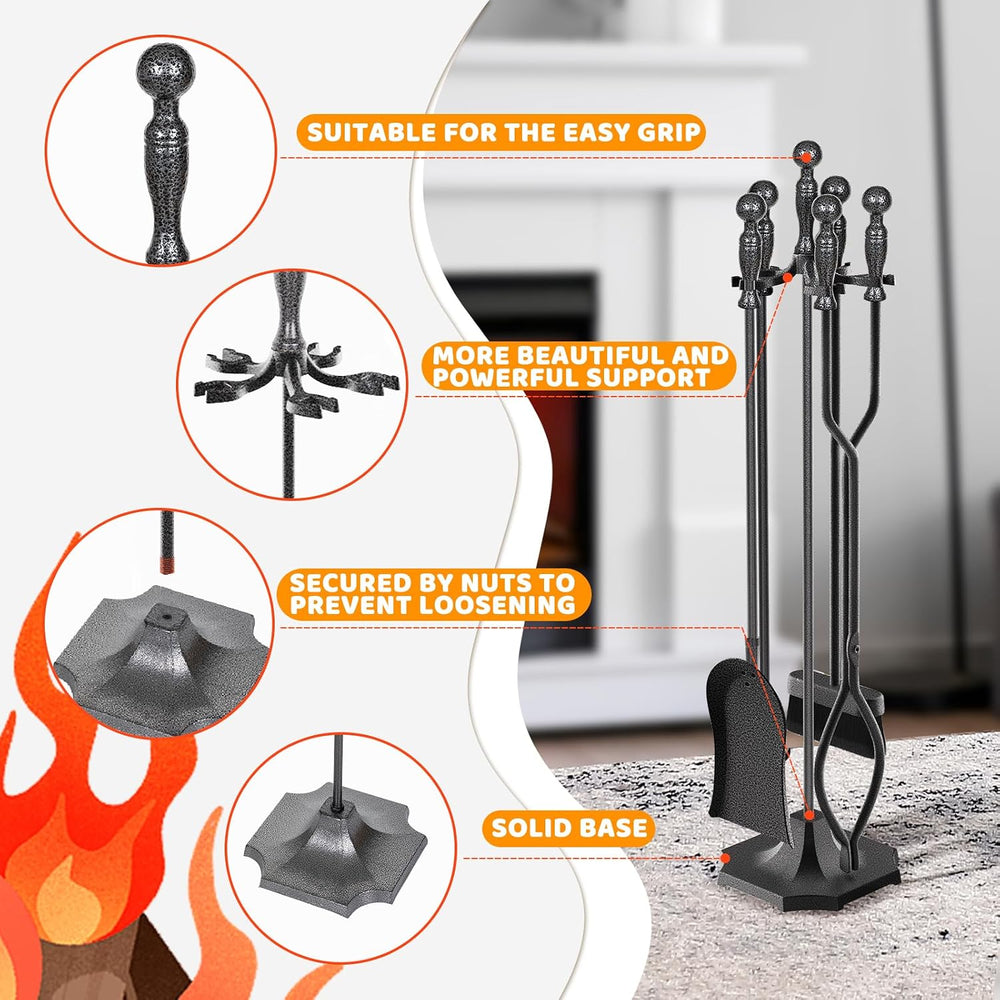 5 Pieces 31in Wrought Iron Fireplace Tools Set w/Ergonomic Handle