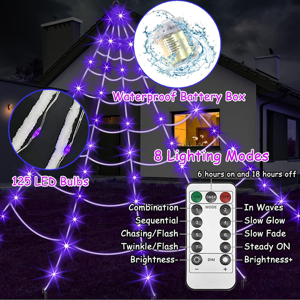 Spider Web Halloween Decorations Outdoor Lights, 125 Purple LED Light Up 16.4...