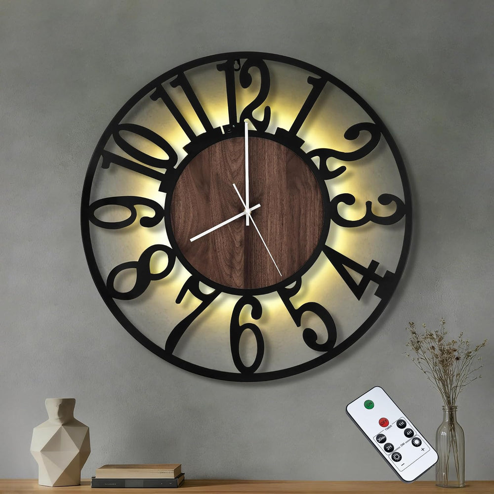 24" Silent Wall Clock – Adjustable Night Light, Battery Operated