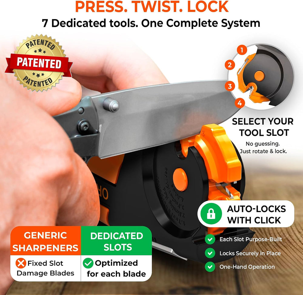 Orange Ninja 7-in-1 Garden Tool & Knife Sharpener- One Tool for Every Blade