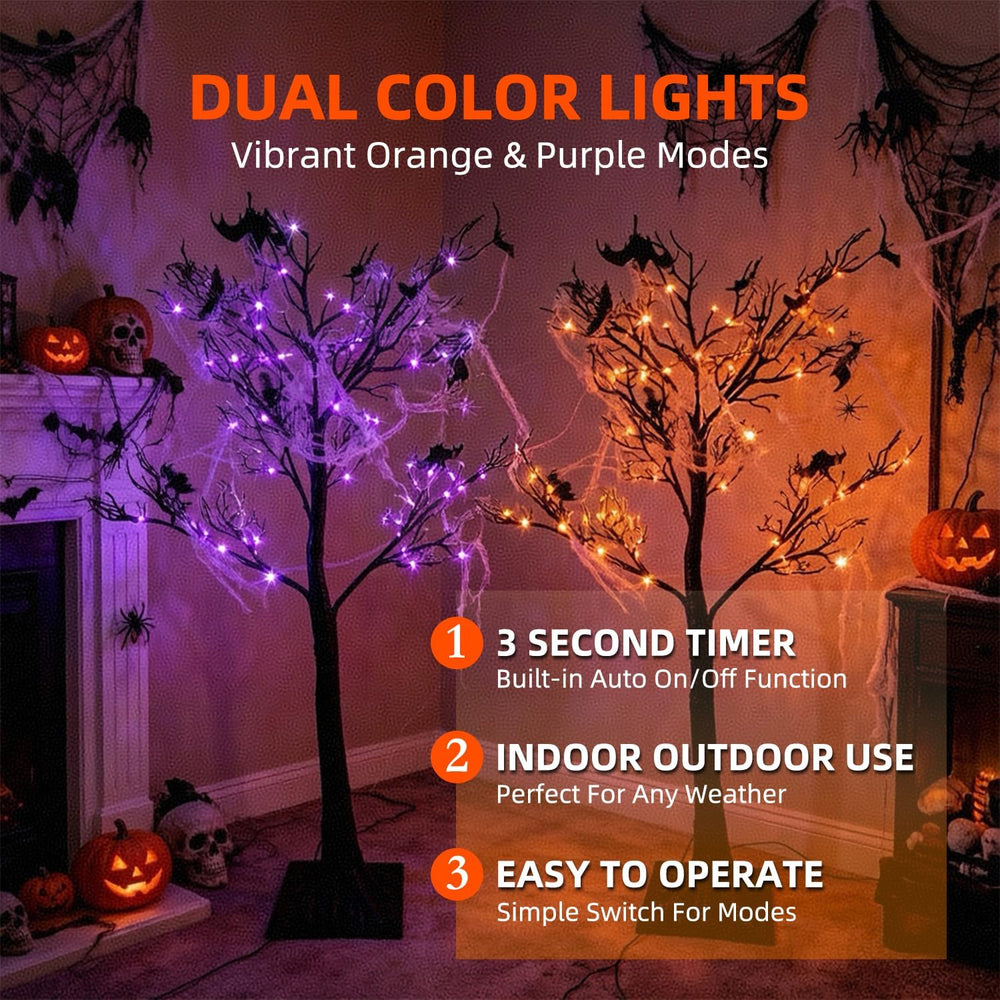 HipTree Lighted Black Halloween Tree 4ft with 150LED Orange Purple Lights