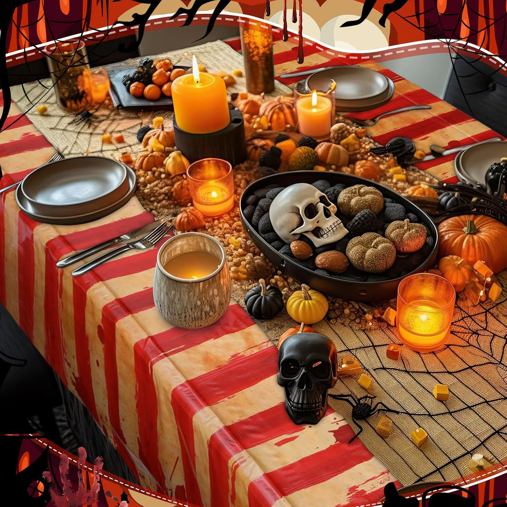 Tegeme 200 ft Creepy Carnival Tablecloth Roll, Red White Striped Halloween