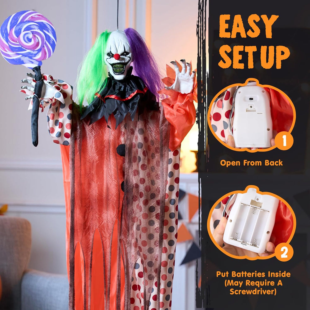 JOYIN 53" Halloween Hanging Clown Decorations Outdoor, Scary Animated De...
